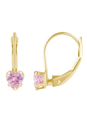 Top Fashion Jewelers 14K Yellow Gold 4mm Heart Shape Pink Cubic Zirconia Leverback Earrings