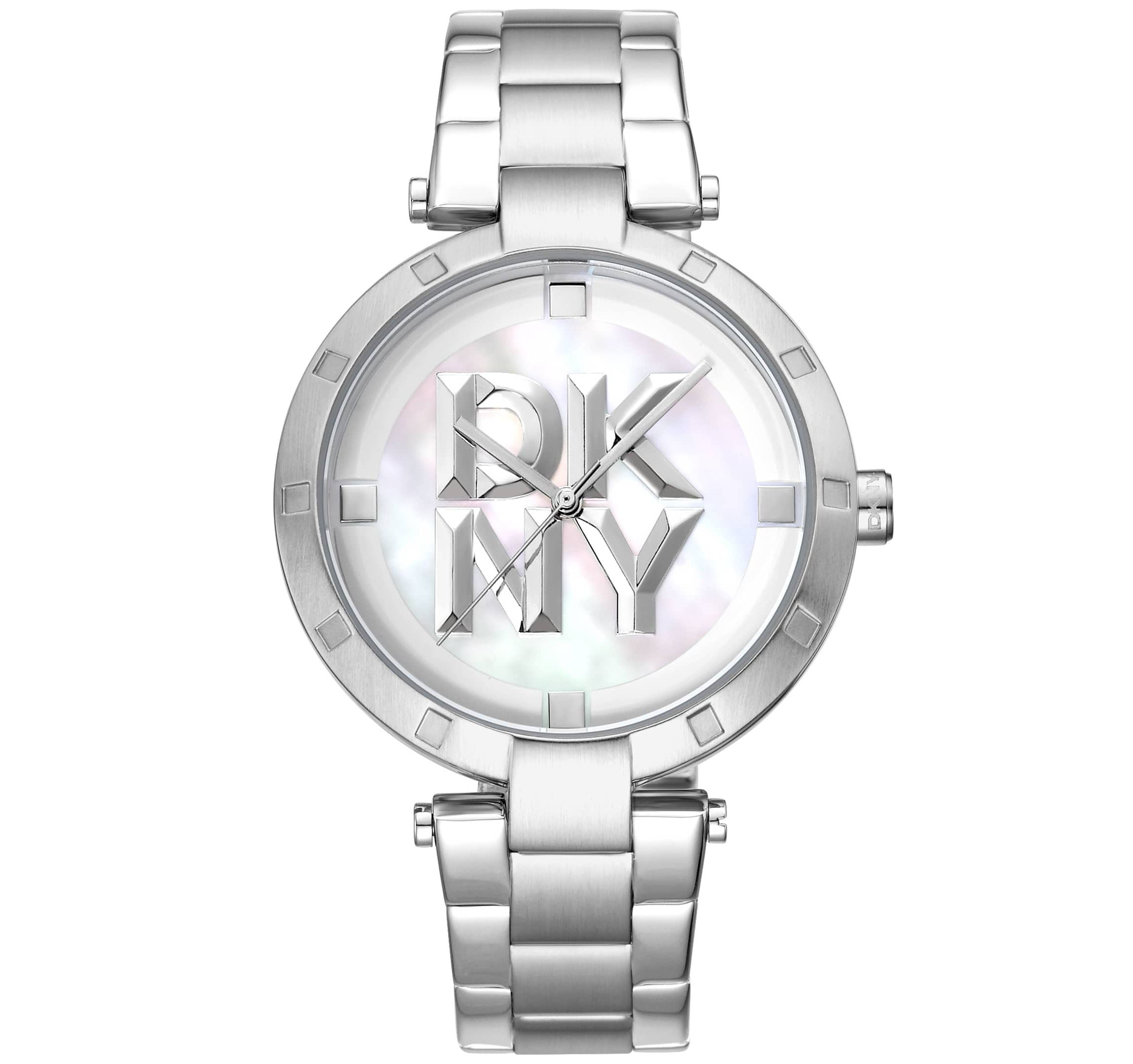 Womens Essential Logo White MOP Dial Stainless Steel Bracelet Watch