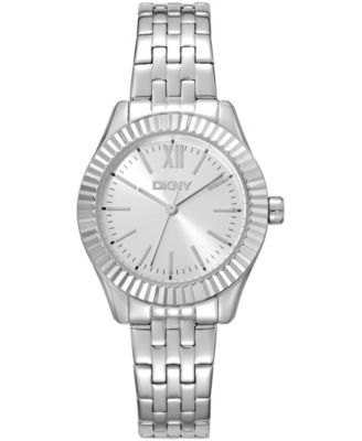 DKNY Womens Silver Dial Fluted Bezel Stainless Steel Bracelet Watch 30mm 50M