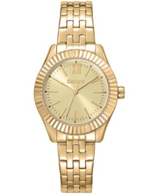 DKNY Womens Champagne Dial Fluted Bezel YellowGold Tone Stainless Steel Watch 30mm 50M