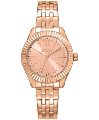 DKNY Women's Rose Gold Dial Fluted Bezel Rose-Gold Tone Stainless Steel Bracelet Watch 30mm 50M