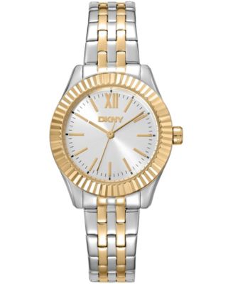 DKNY Women'sSilver Dial Fluted Bezel Two-Tone Gold Stainless Steel Bracelet Watch 30mm 50M, Silver