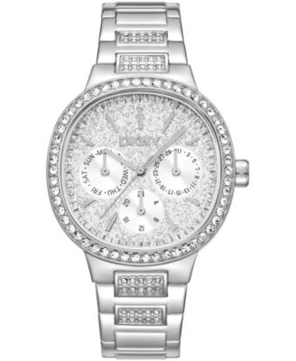 DKNY Women's Silver Crystal Covered Dial Crystal Bezel Stainless Steel Bracelet Multifunctional Watch 36mm 30M