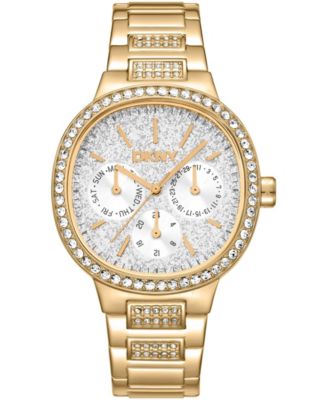 DKNY Women's Silver Crystal Covered Dial and Bezel Gold-Tone Stainless Steel Bracelet Multifunctional Watch 36mm 30M