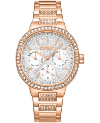 DKNY Women's Silver Crystal Covered Dial and Bezel Red-Gold Tone Stainless Steel Bracelet Multifunctional Watch 36mm 30M