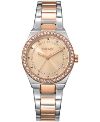 DKNY Women's Rose Gold Dial Crystal Dial Markers Crystal Bezel Two-Tone Red Gold Stainless Steel Bracelet Watch 30mm 50M