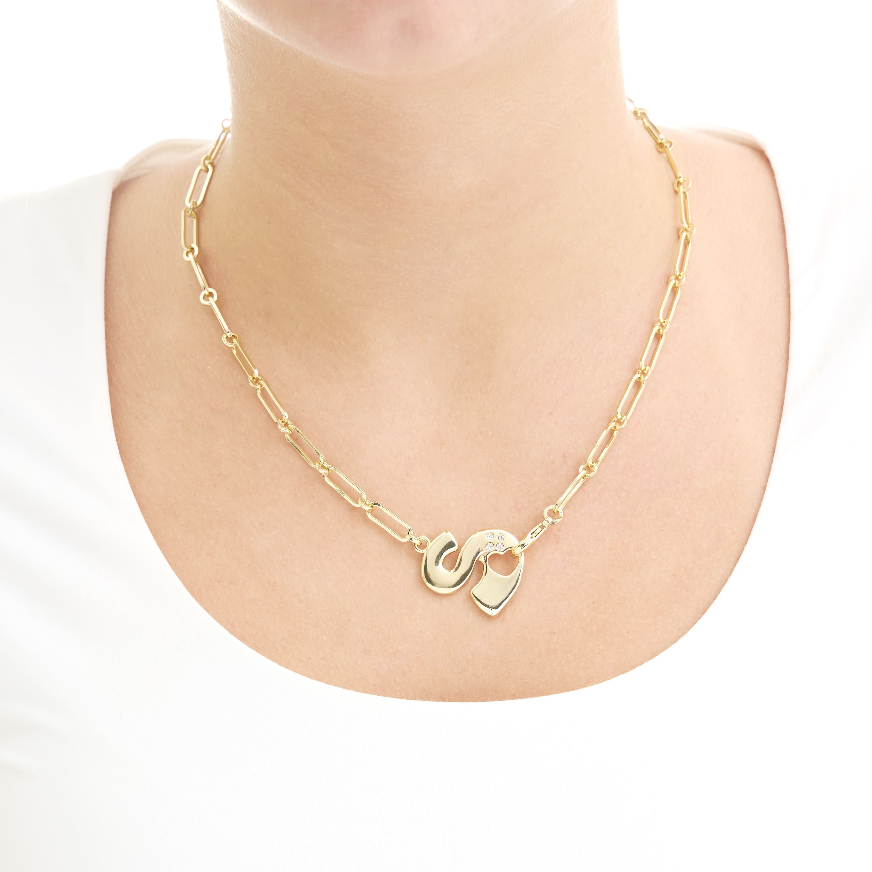 Gold Plated 18" Cubic Zirconia Initial Chunky Chain Necklace