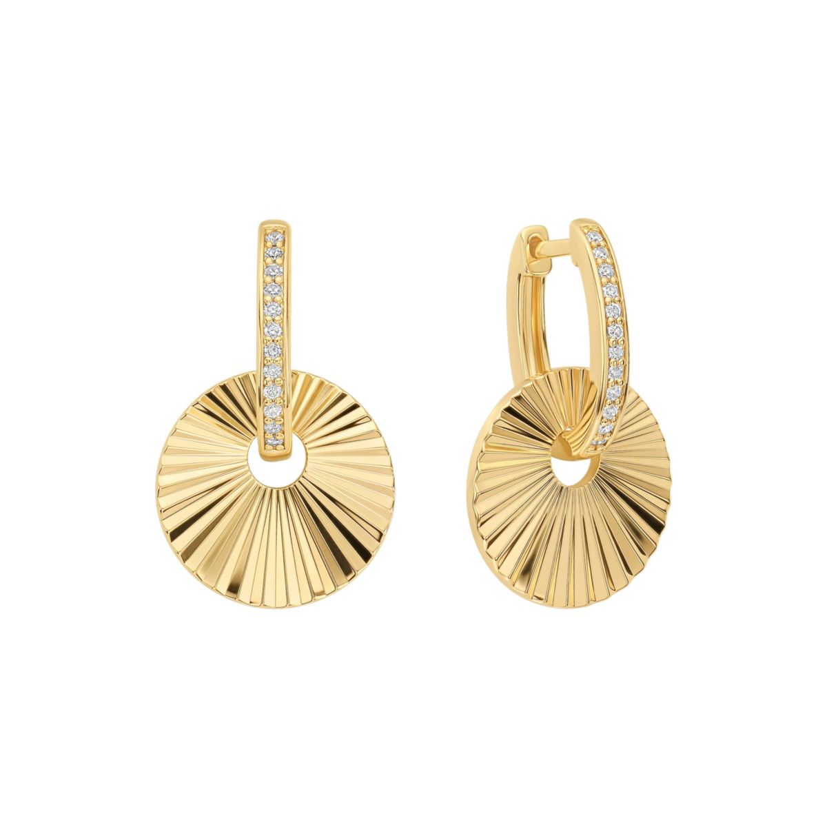 Gold Plated 1" Cubic Zirconia and Textured Sun Disc Huggie Hoop Earrings