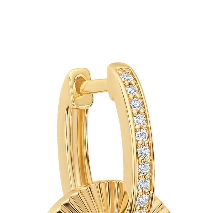 Gold Plated 1" Cubic Zirconia and Textured Sun Disc Huggie Hoop Earrings