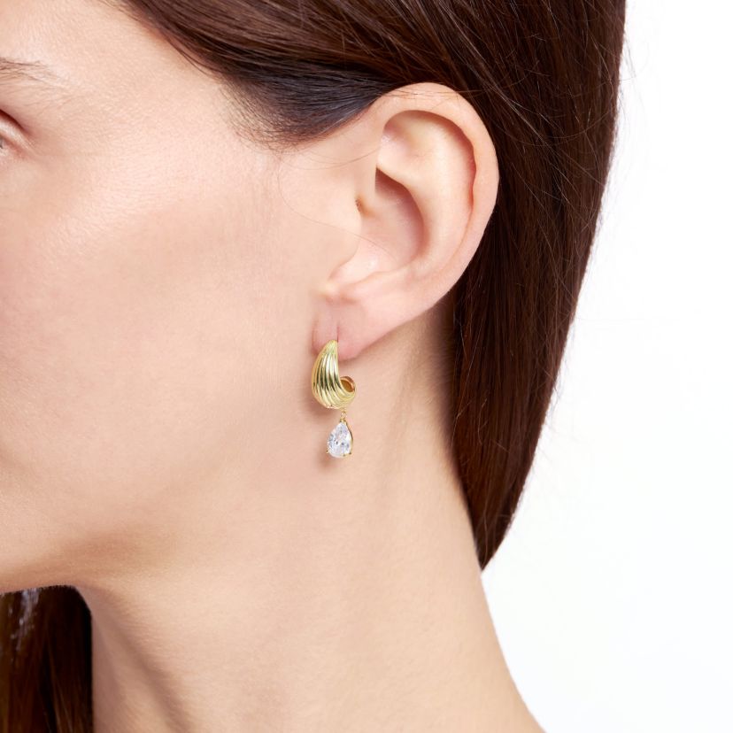 Gold Plated Cubic Zirconia Fluted J-Hoop Earrings