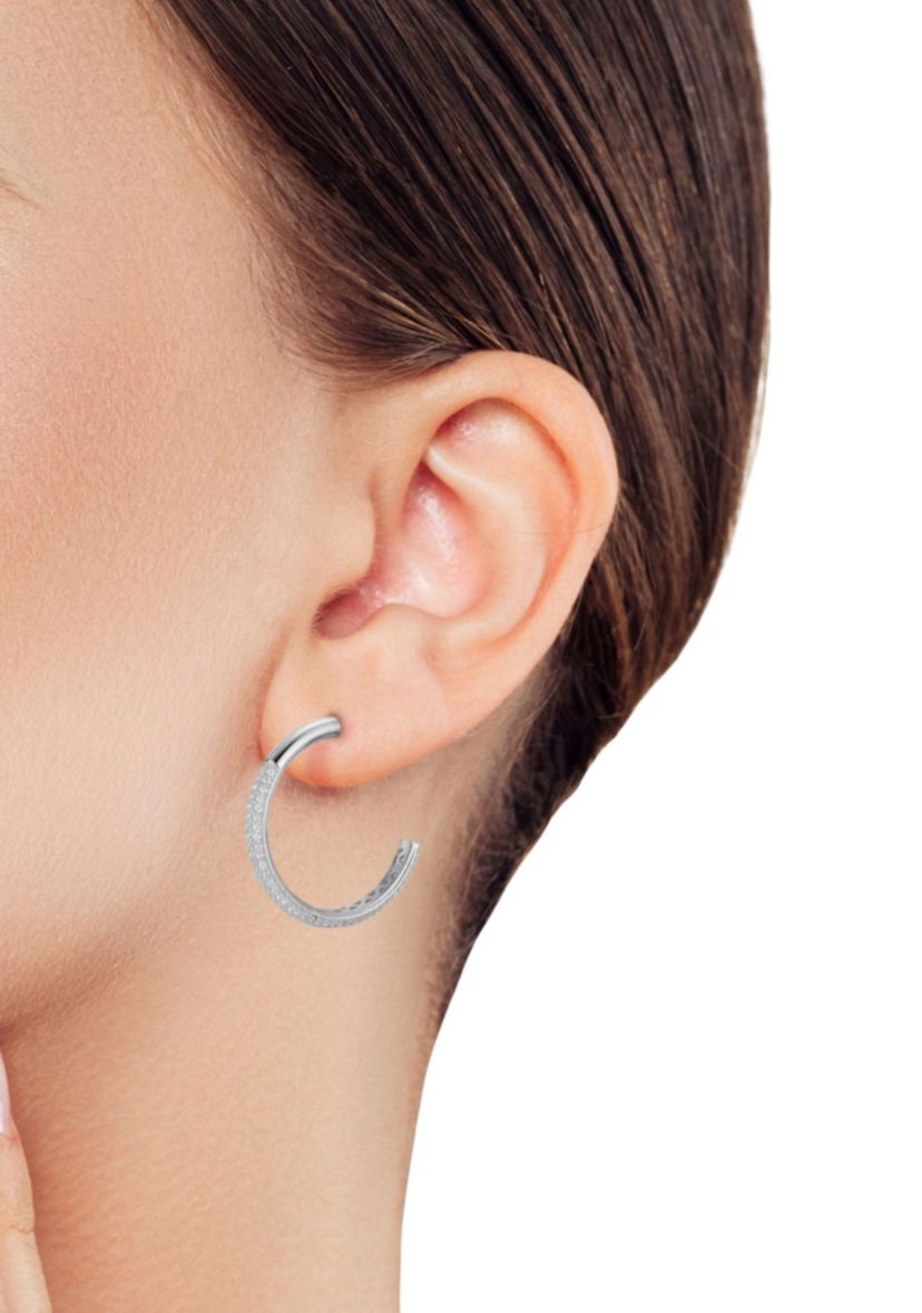 Sterling Silver Half Pave Hoop Earrings