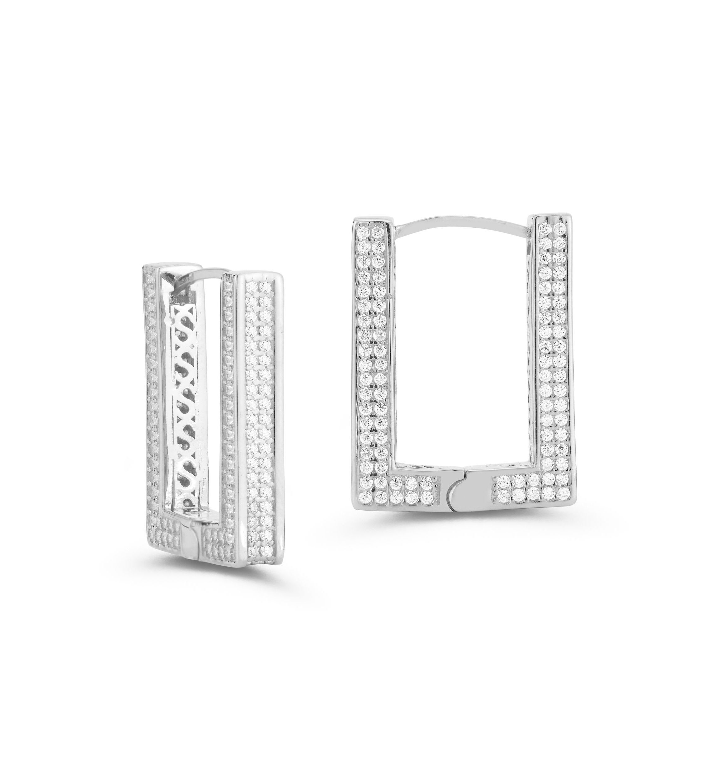 Sterling Silver Large Cubic Zirconia Rectangular Hoop Earrings