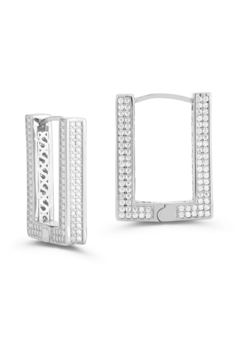 Sterling Silver Large Cubic Zirconia Rectangular Hoop Earrings
