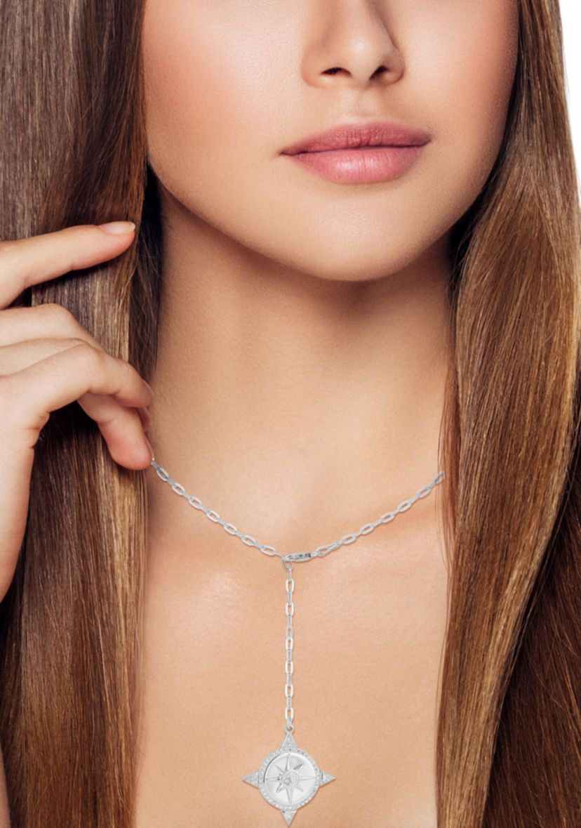 Sterling Silver Cubic Zirconia Compass Lariat Necklace