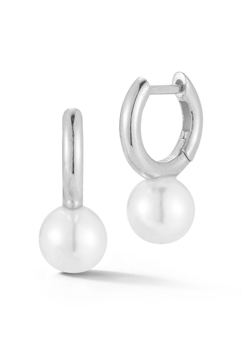 Sterling Silver Pearl Station Huggie Hoop Earrings