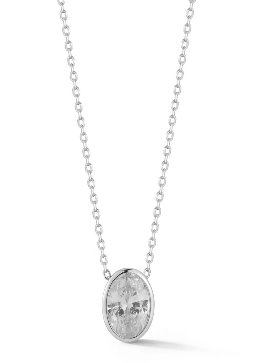Sterling Silver Oval Solitaire Pendant Necklace with Cubic Zirconia
