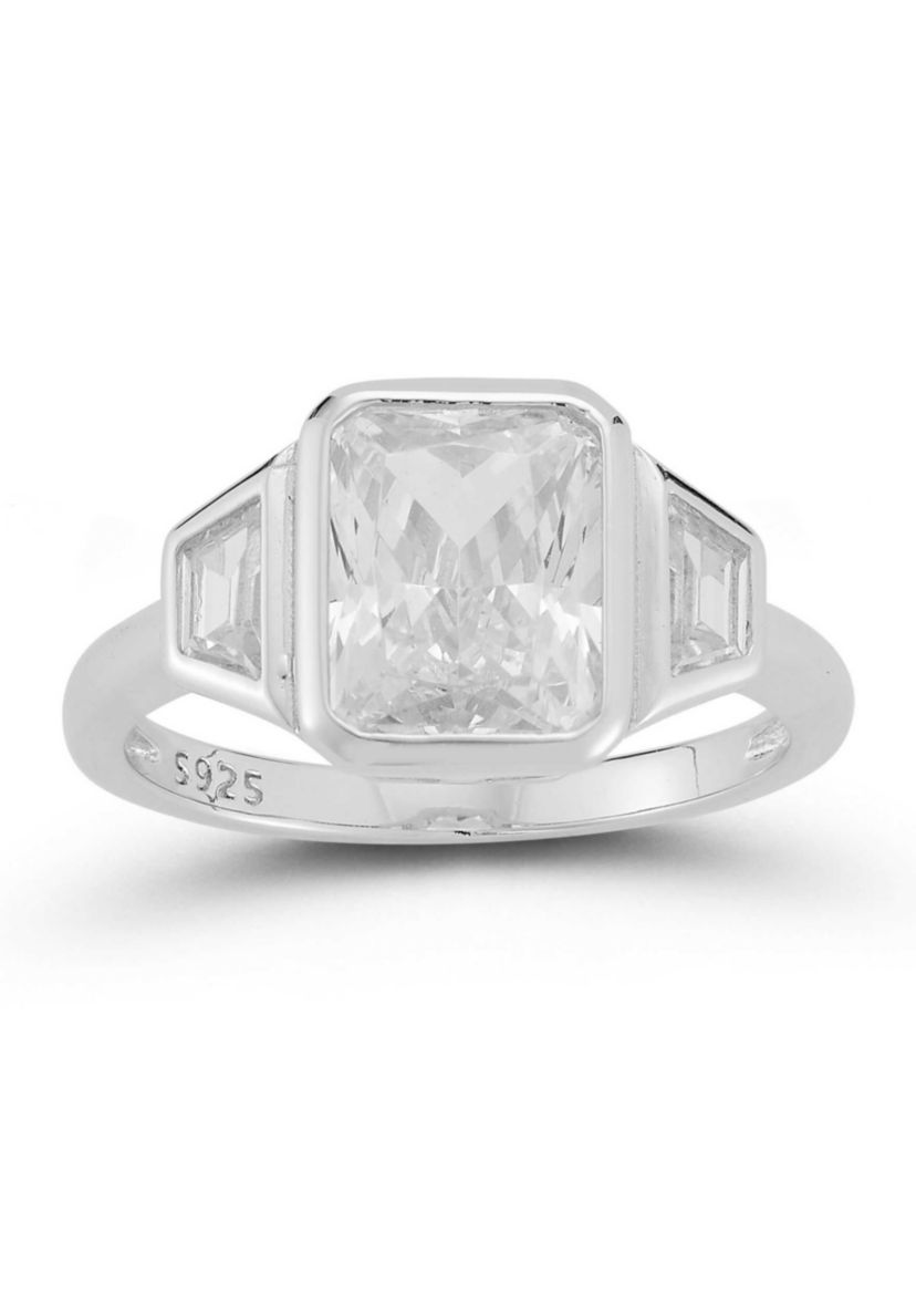 Sterling Silver Bezel Set White Cubic Zirconia 3-Stone Ring