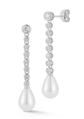 Rachel Zoe Sterling Silver Pearl Tennis Drop Earrings with Cubic Zirconia