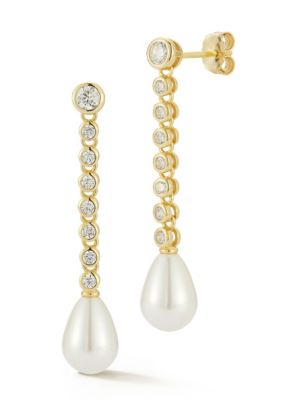 Rachel Zoe Sterling Silver Pearl Tennis Drop Earrings with Cubic Zirconia