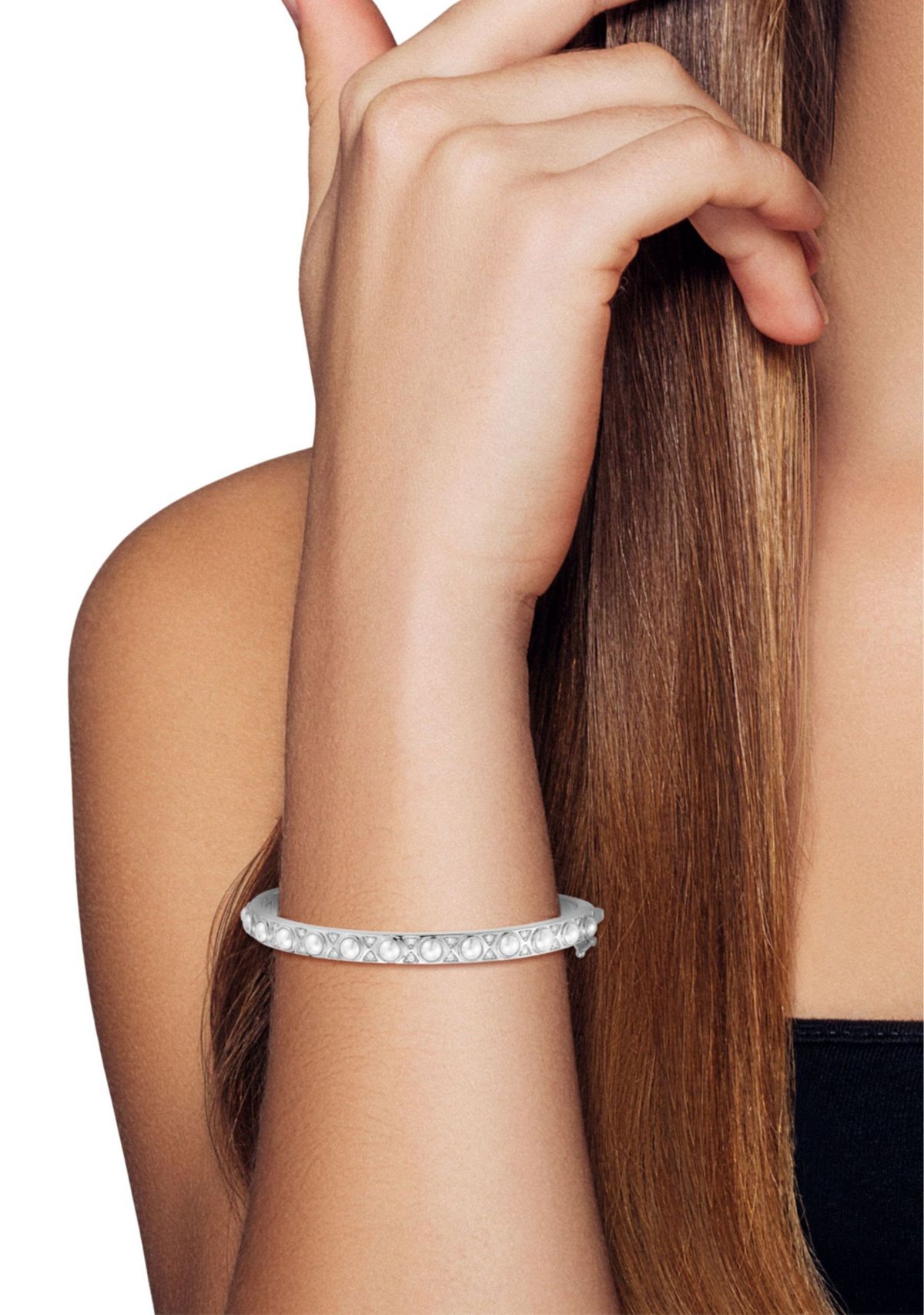 Sterling Silver Pearl and Cubic Zirconia Bangle Bracelet
