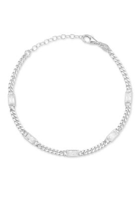 Sphera Milano Sterling Silver Baguette Cut Cubic Zirconia Curb Chain Bracelet
