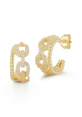 Sphera Milano Sterling Silver Pave Chain Link and Twist Hoop Earrings, Gold