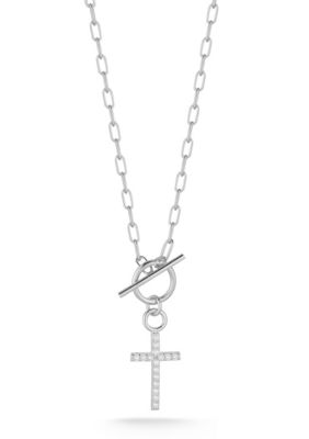 Sphera Milano Sterling Silver CZ Cross Toggle Necklace with Paperclip Chain