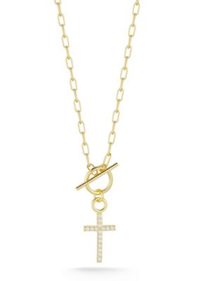 Sphera Milano Sterling Silver CZ Cross Toggle Necklace with Paperclip Chain, Gold, 18 in