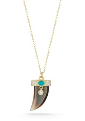 Sphera Milano Sterling Silver CZ and Mother of Pearl Horn Pendant Necklace, Gold, 18 in