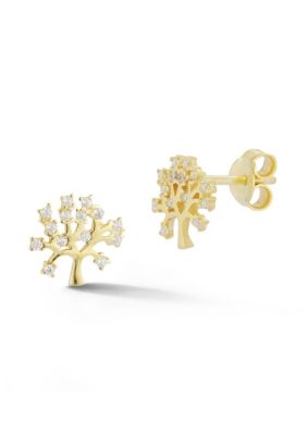 Sphera Milano Sterling Silver CZ Tree Stud Earrings, Gold