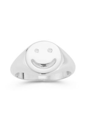 Sphera Milano Sterling Silver CZ Polished Smiley Face Signet Ring, 7