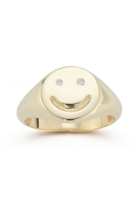 Sphera Milano Sterling Silver CZ Polished Smiley Face Signet Ring, Gold, 6
