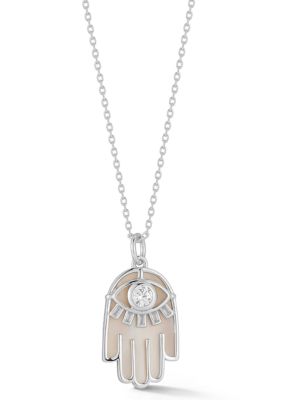 Sphera Milano Sterling Silver Mother of Pearl and CZ Hamsa Hand Pendant Necklace
