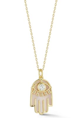 Sphera Milano Sterling Silver Mother of Pearl and CZ Hamsa Hand Pendant Necklace