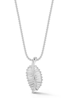 Sphera Milano Sterling Silver Large Baguette Cut CZ Leaf Pendant Necklace