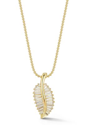 Sphera Milano Sterling Silver Large Baguette Cut CZ Leaf Pendant Necklace