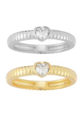 Sphera Milano Two Tone Sterling Silver Heart CZ Band Ring Set