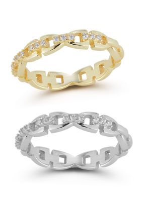 Sphera Milano Two Tone Sterling Silver CZ Link Band Ring Set, 6