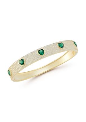 Sphera Milano Sterling Silver Green and White Cubic Zirconia Multi Heart Bangle Bracelet, Gold