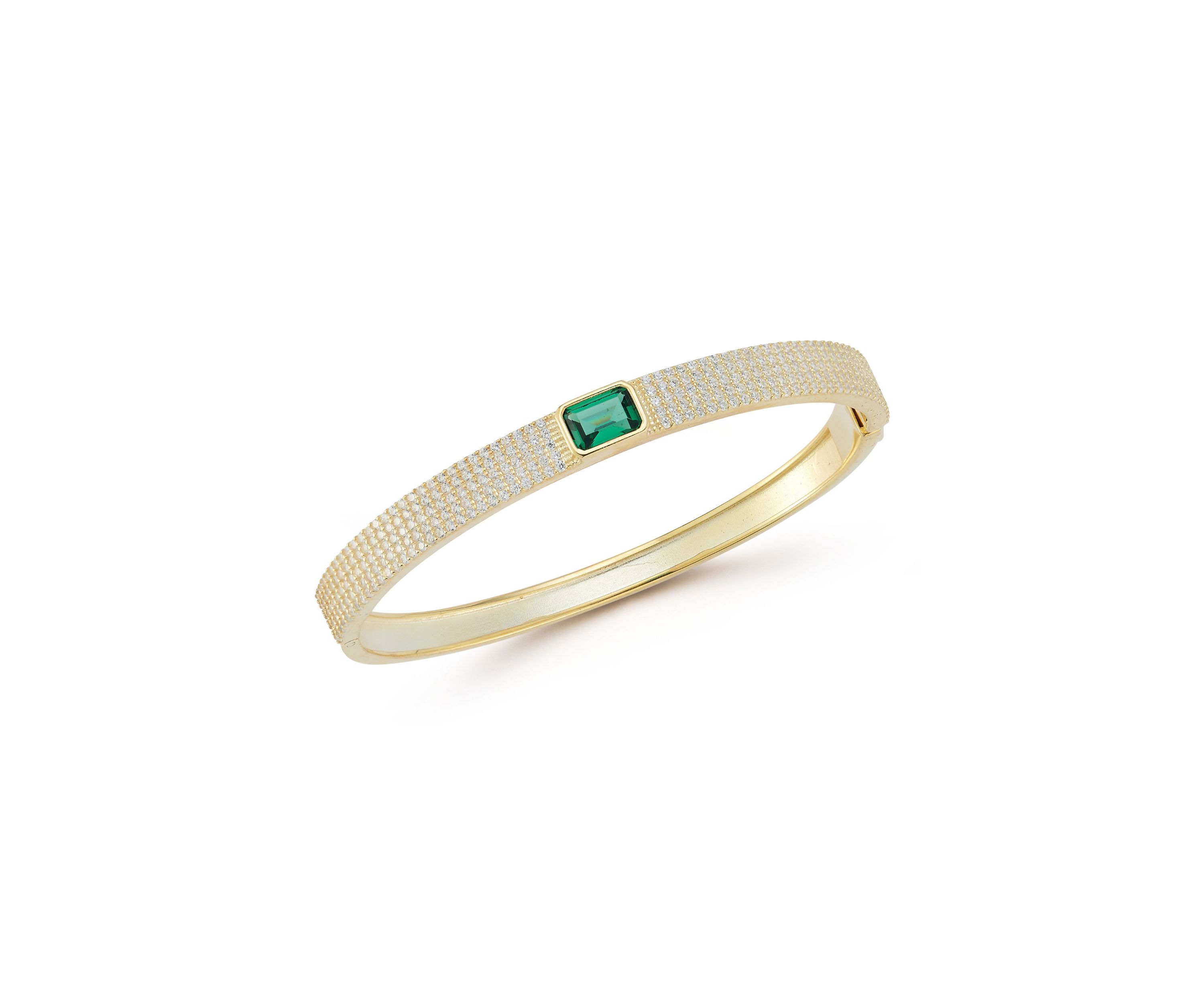 Sterling Silver Green and White Cubic Zirconia Emerald Cut Bangle Bracelet
