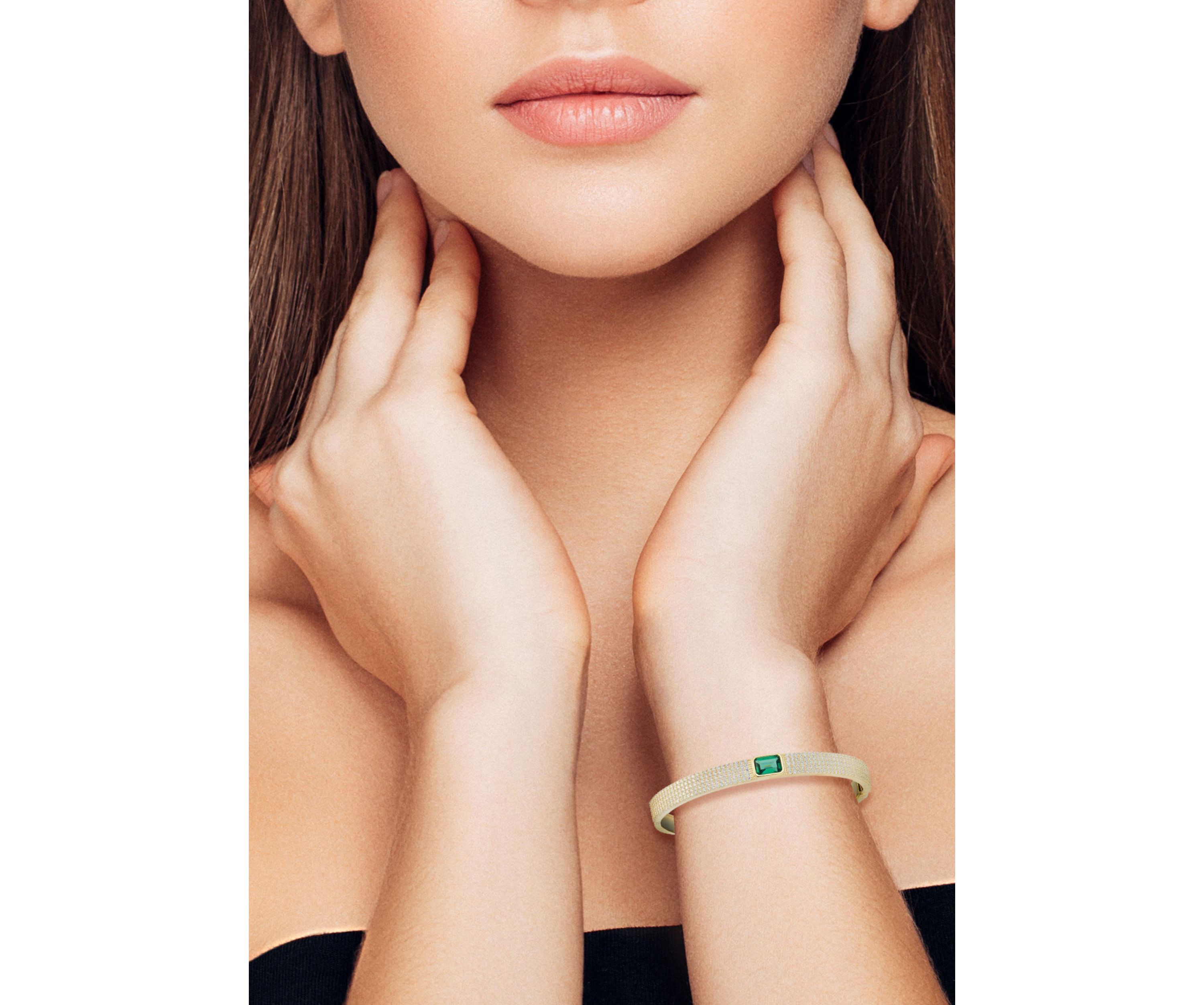 Sterling Silver Green and White Cubic Zirconia Emerald Cut Bangle Bracelet