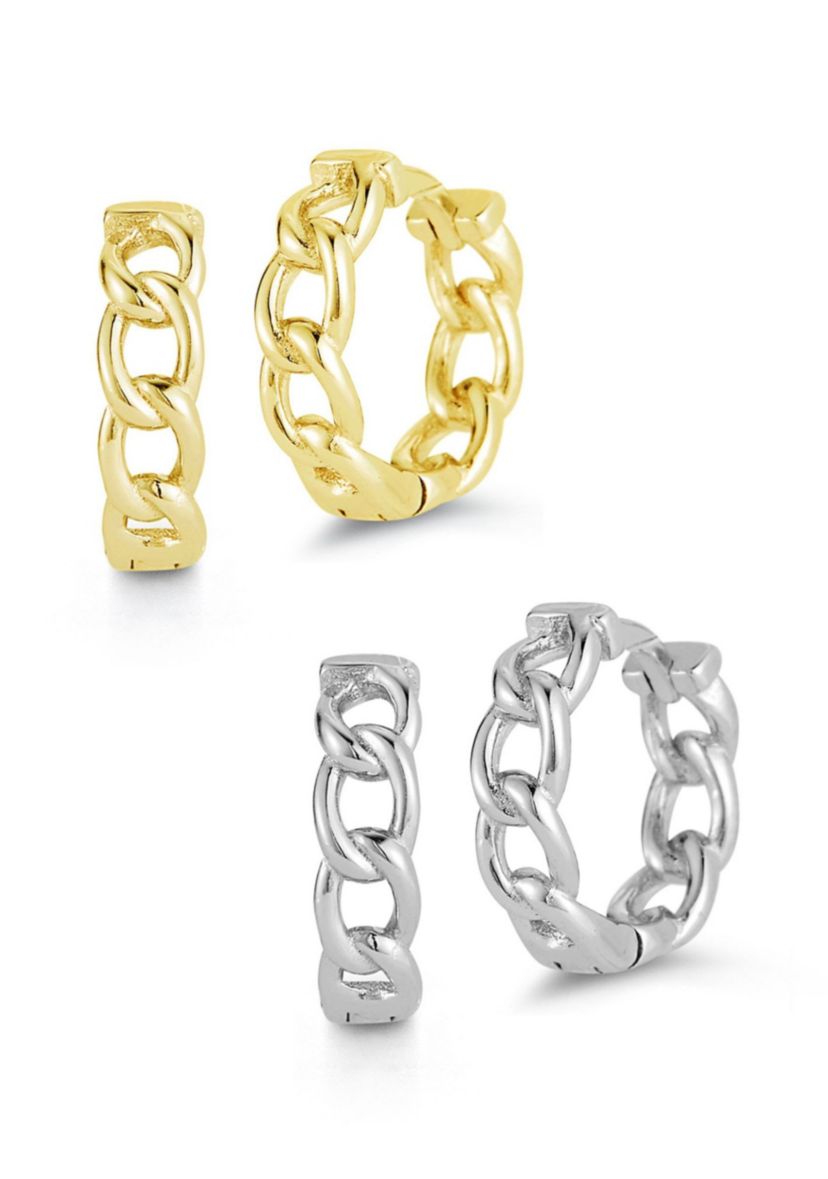 Two Tone Sterling Silver Curb Chain Huggie Hoop Earrings 2 Pair Set