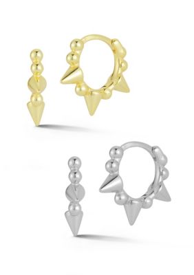 Sphera Milano Two Tone Sterling Silver Spike Huggie Hoop Earrings 2 Pair Set