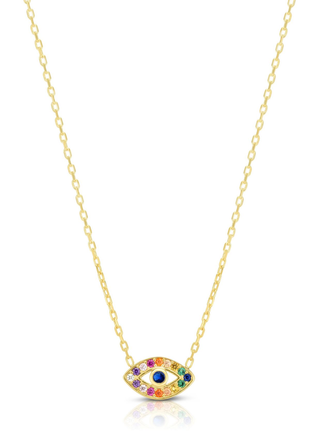 14K Gold Over Sterling Silver Rainbow Cubic Zirconia Dainty Evil Eye Necklace
