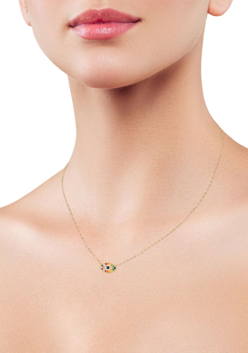 14K Gold Over Sterling Silver Rainbow Cubic Zirconia Dainty Evil Eye Necklace