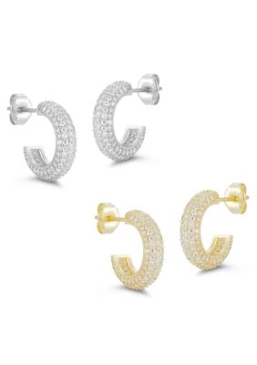 Sphera Milano Two Tone Sterling Silver Pave C Hoop 2 Pair Earring Set