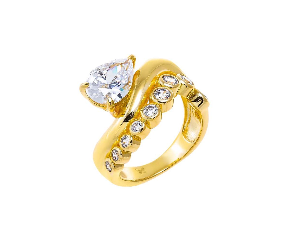 CZ Bezel Waved Band W/ Pear Stone Ring