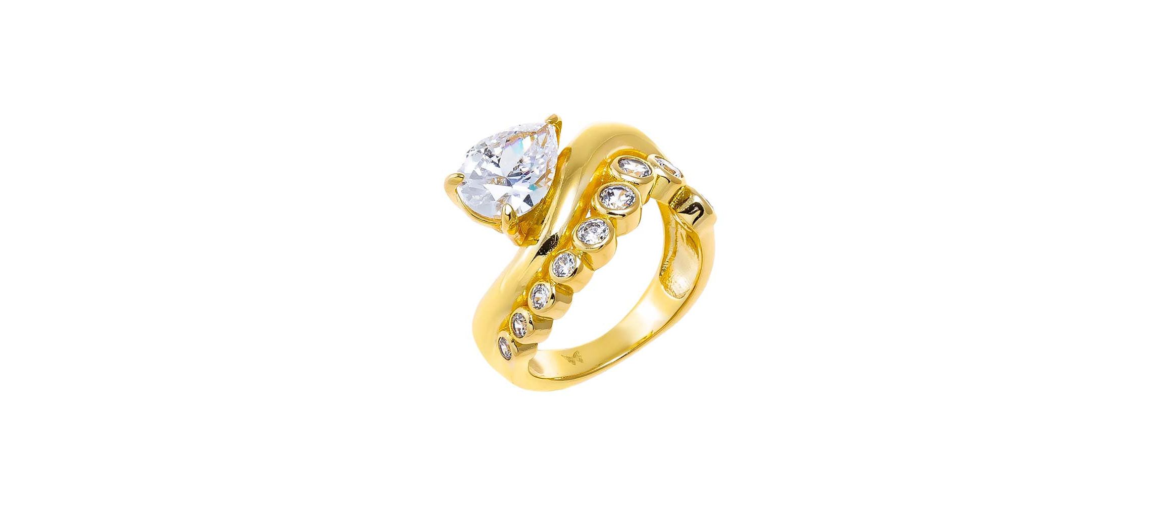 CZ Bezel Waved Band W/ Pear Stone Ring
