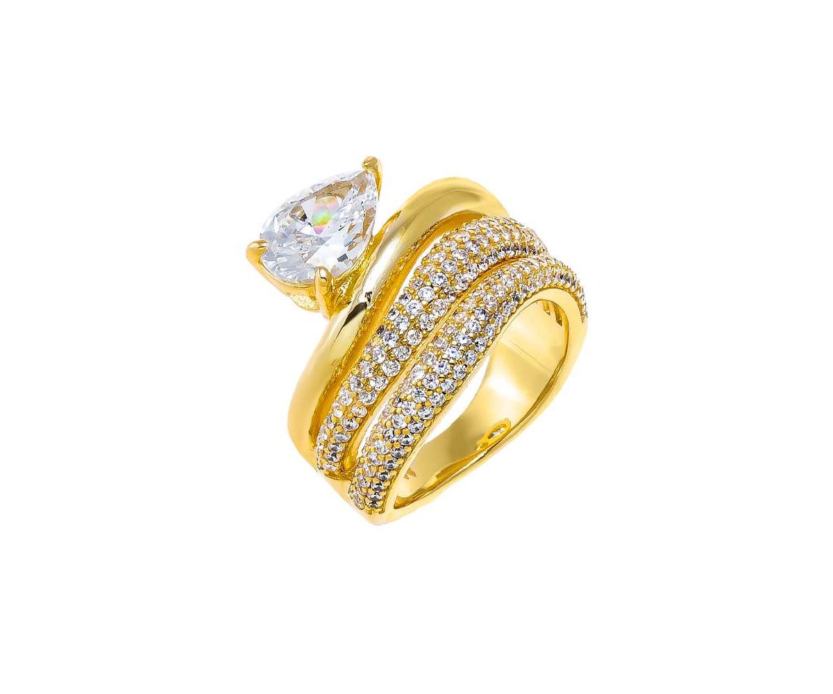 Solid/Pave Waved Triple Band W/ Pear Stone Ring