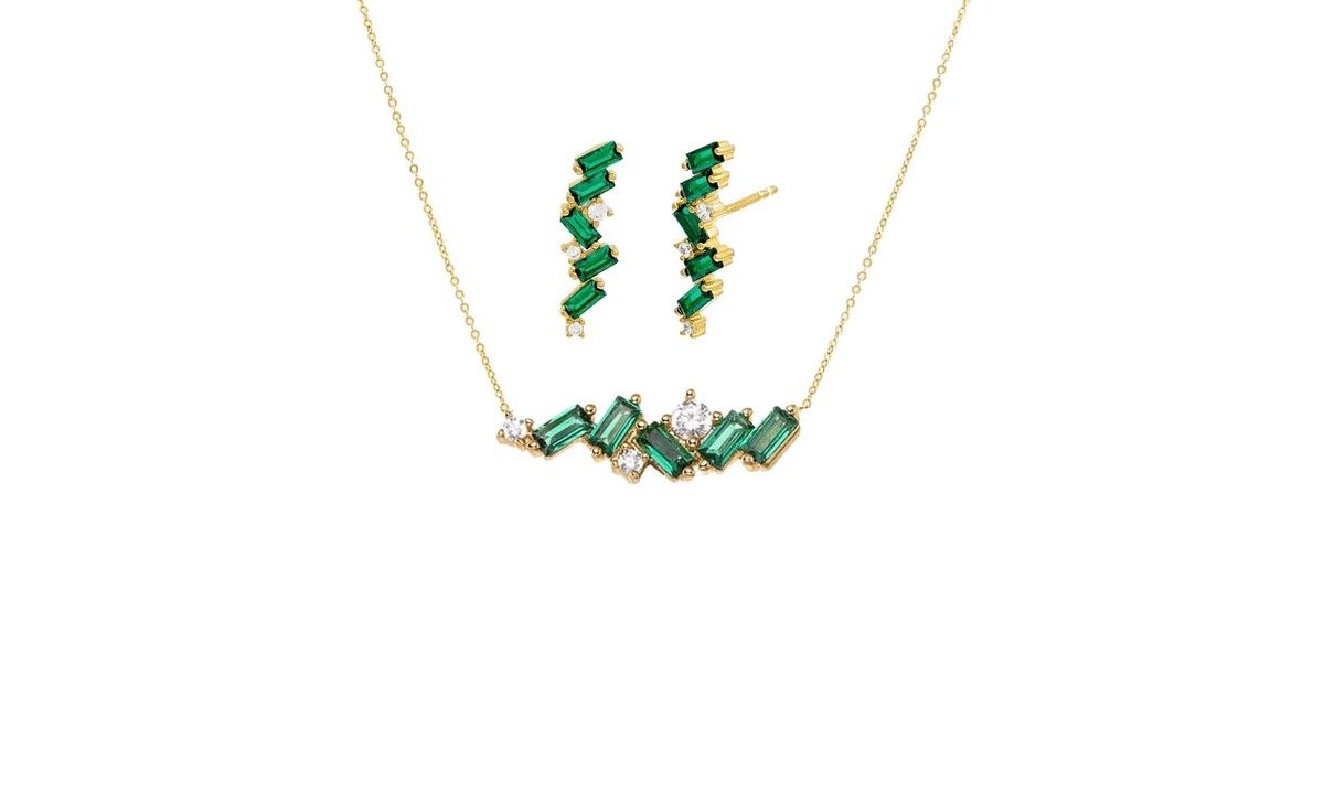 Emerald Green CZ Baguette Earring & Necklace Combo Set